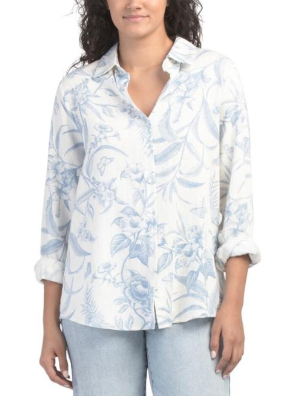 NWT HAVER + BLAIR Linen Blend White Blue Floral Button Up Long Sleeves Top